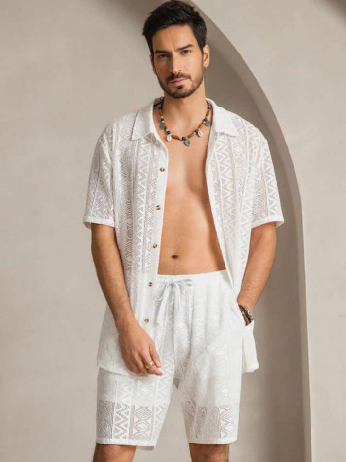 Bonga Boys Men's Casual Loose Woven Short Sleeve Shirt & Elastic Waist Straight Leg Shorts Sleepwear Set
